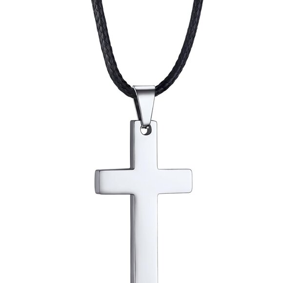 Jewelry - Stainless Steel Pendant Necklace with Leather Cord, 22 Inch